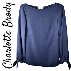 NWT CHARLOTTE BRODY Tie Sleeve Navy Double Georgette Blouse, Size Small